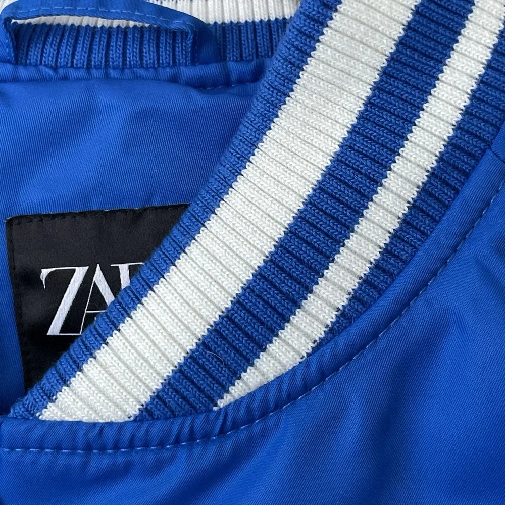 Zara Capturing The Essence Varsity Bomber Jacket Mens M Blue Graphics Academia